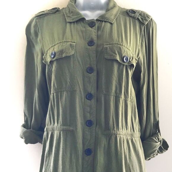 Sonoma Life + Style Button Down Cinch Waist 3/4 sleeve top, Army Green - Picture 3 of 6